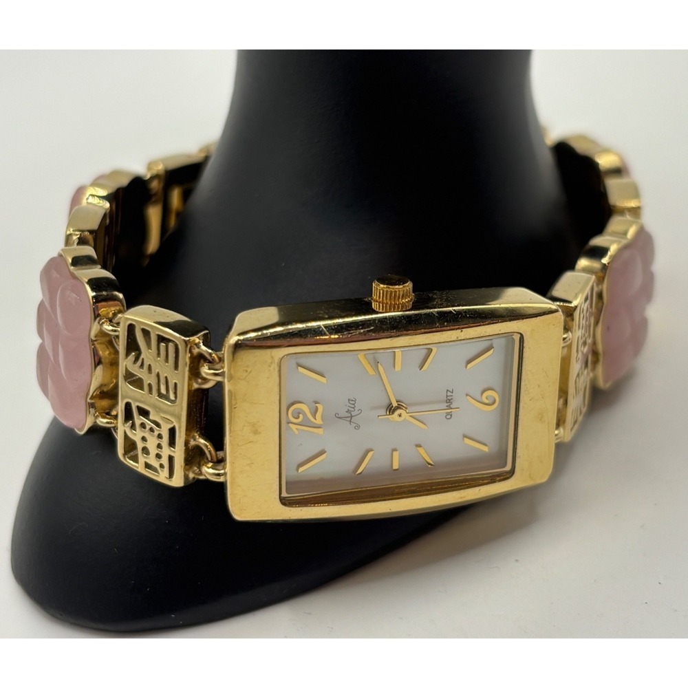 Aria Women's Gold Tone Pink Stone Asian Style Watch Needs Battery 7.75"